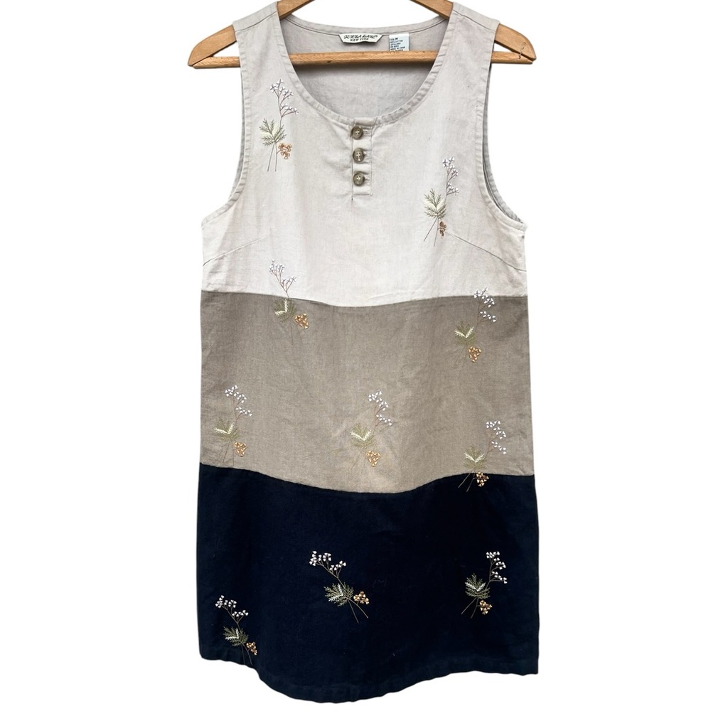 Vintage Jenna Lane Colorblock Embroidered Sleeveless Linen Cotton blend Dress M